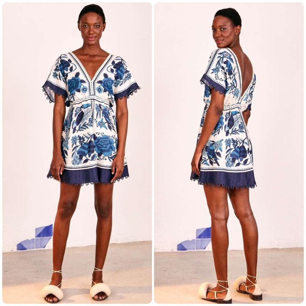 Blue Floral V-Neck Short Dress